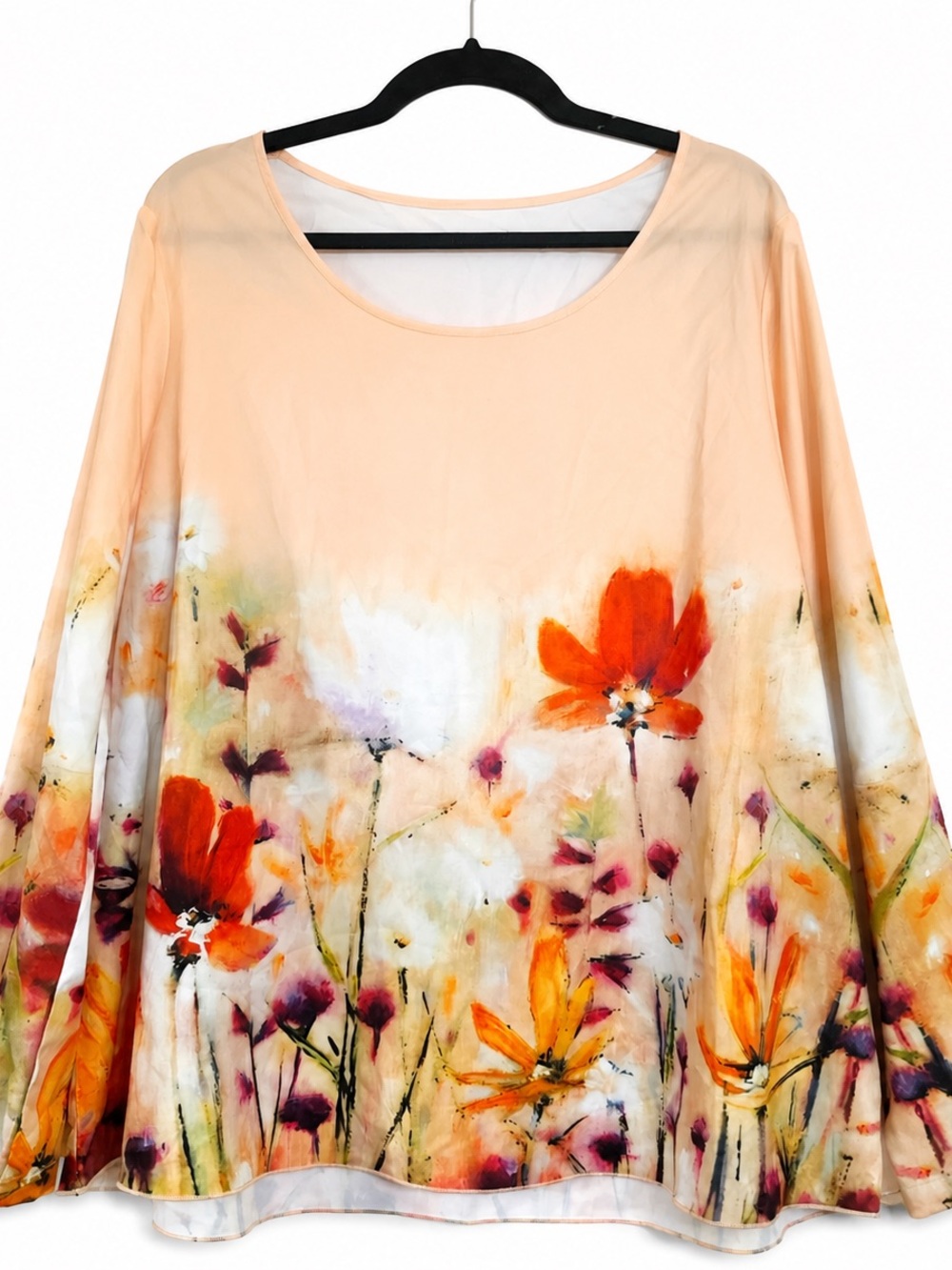 Watercolor Floral Blouse Flowy Bell Sleeve Boho Tunic Top XL Like New No Tag